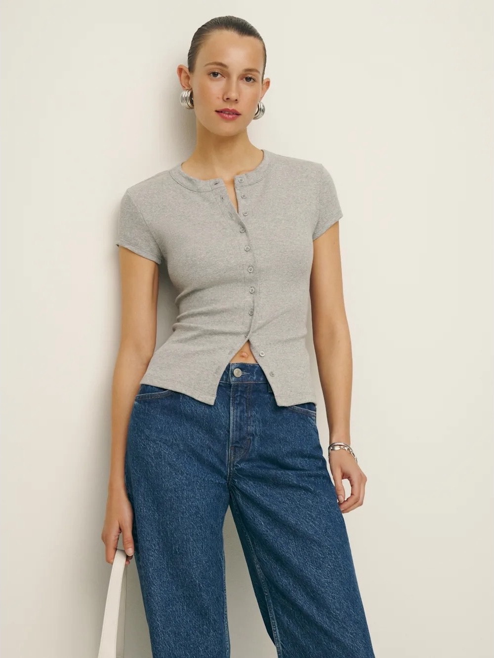 Reformation Raelynn Knit Ribbed Button Front Top in Heather Grey